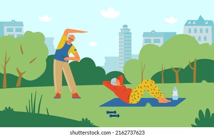 Pareja mayor haciendo ejercicios en la ilustración vectorial plana del parque. Personas mayores activas al aire libre.