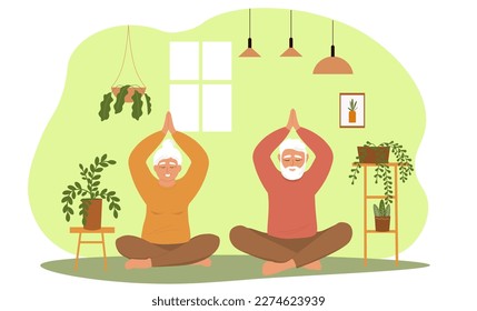 An elderly couple is doing exercises in a room with plants. An old woman and a man are sitting in a lotus position on the floor, meditating. Vector graphics.