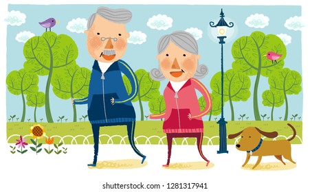 Elderly couple doing jogging with pet dog