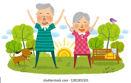 Elderly couple doing laughing exercise