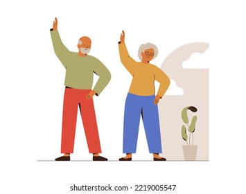 Elderly couple doing morning exercises at home. Active Senior people has fitness workout near the window. Concept of healthy sport habits and active lifestyle. Vector illustration.