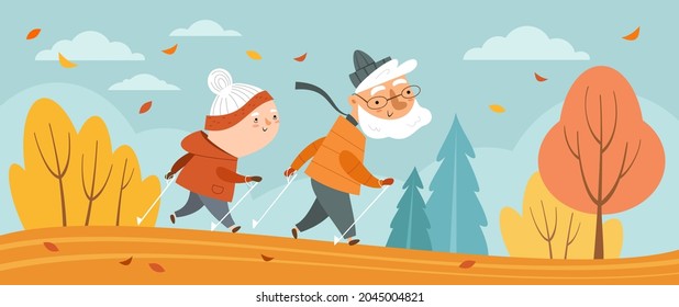 Una pareja mayor haciendo caminatas nórdicas. Parque del Otoño. Ilustración vectorial.