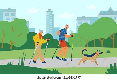 Pareja mayor haciendo caminatas nórdicas en el parque con ilustración vectorial plana de perro. Personas mayores activas al aire libre.