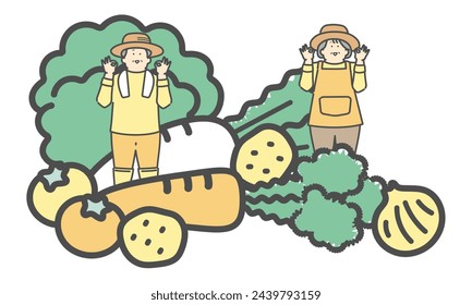 Elderly couple doing OK pose and vegetable farmer illustration background