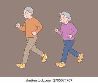 An elderly couple is doing a slow running exercise. Minimal line illustration style.