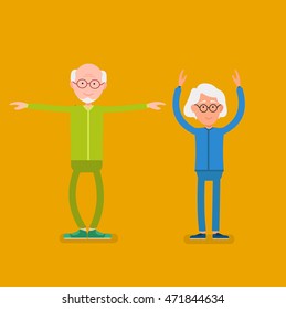 Elderly couple doing sport exercises. Concept of healthy lifestyle retirement. Vector illustration. Grandparents active life