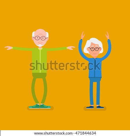 Elderly couple doing sport exercises. Concept of healthy lifestyle retirement. Vector illustration. Grandparents active life