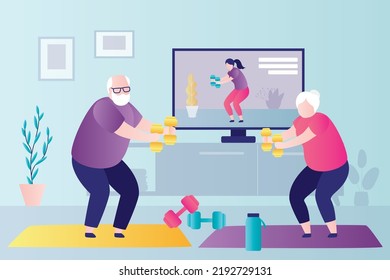 Elderly couple doing sports by video lesson. Retirees exercising with dumbbells at home. Chubby grandparents doing fitness online class. Older people engaged in physical activity. Vector illustration