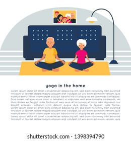 Elderly couple doing yoga in the home. Grandfather and grandmother. 
Sukhasana. Active lifestyle poster with text