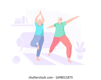 Elderly couple doing yoga at home. Indoor retired leisure. Active healthy lifestyle quarantined. Sport, fitness for senior person. Balance training. Old man and woman exercises vector illustration.