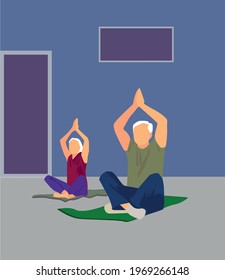 Elderly couple doing yoga at home. Indoor retired leisure. Active healthy lifestyle quarantined. Sport, fitness for senior person. Balance training. Old man and woman exercises vector illustration.