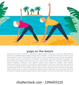 Elderly couple doing yoga on the beach. Grandfather and grandmother. Trikonasana. Active lifestyle poster with text