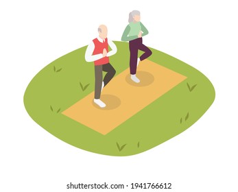 Elderly couple doing yoga outdoor isometric 3d vector concept for banner, website, illustration, landing page, flyer, etc.