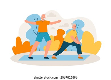 Elderly couple doing yoga in park. Happy aged man and woman doing exercises outdoors. Active retirement, sport and healthy lifestyle concept. Modern flat vector illustration