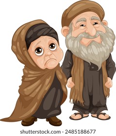 An elderly couple dressed in traditional clothing