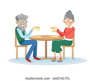 Elderly couple drink coffee. Old people sitting at a table and enjoying time together over a cup of aromatic coffee, tea. Happy grandparents together cartoon vector illustration