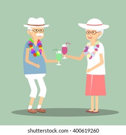 An elderly couple drinking a cocktail in traveling. Vector illustration flat design characters. Senior couple resting and having fun. Travel concept for retirees