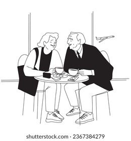 Elderly couple drinking coffee in the airport, flat minimalistic illustration