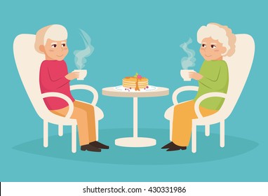 Elderly couple drinking tea. Vector illustration in flat style. Image for booklets, brochures, flyers, websites. Cartoon character. Man and woman sitting