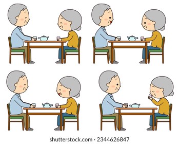 An elderly couple drinking tea while having a pleasant conversation at the dining table Set