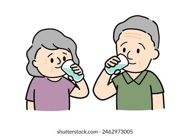 Elderly couple drinking water facing each other.