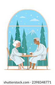 An elderly couple drinks tea in a hotel, forest and mountains are visible from the window, snow is falling. Vector illustration.