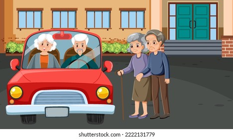 Elderly couple driving car illustration
