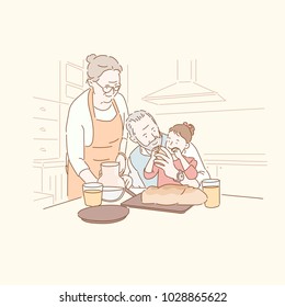 Elderly couple eating bread with granddaughter in kitchen. hand drawn style vector doodle design illustrations.