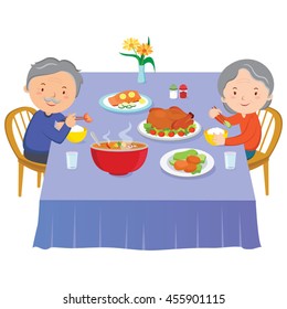 Elderly Couple Eating Dinner. Vector Illustration Of Happy Old Couple Having Dinner.