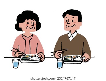 Elderly couple eating lunch together Illustrations related to cooking kit delivery service and lunch delivery service