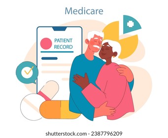 Elderly couple embraces warmly, appreciating Medicare's support. Behind them, a digital patient record confirms their healthcare status. Symbols of coverage and medication evident. Flat vector.