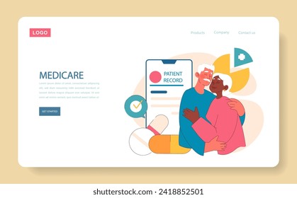 Elderly couple embraces warmly, appreciating Medicare's support. Behind them, a digital patient record confirms their healthcare status. Symbols of coverage and medication evident. Flat vector.