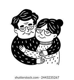 Elderly couple embracing each other.   Simple black and white doodle illustration. Template for greeting card, print, poster, sticker