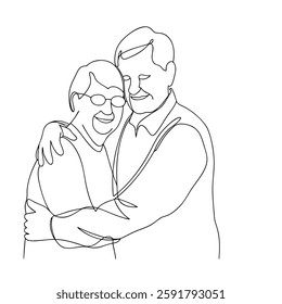 Elderly Couple Embracing, Happy Retirement, Line Art Drawing, Love, Affection, Togetherness, Seniors