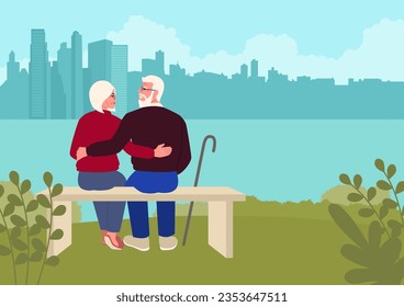 Elderly couple embracing on a city park bench, gazing at the serene city shore. Moment of love and togetherness, the beauty of long lasting relationships and the pleasures of life's simple joys