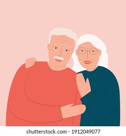An elderly couple embracing. Portrait of a white-haired man and woman. Grandparents.Vector flat illustration