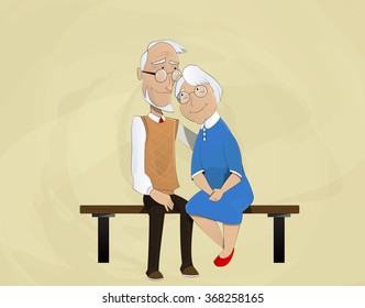 elderly couple embracing sitting on  bench. Retired elderly couple in love. Vector