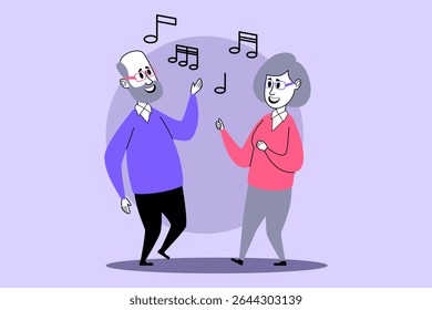 Elderly couple engaged in joyful moment, dancing and sharing laughter as music playing around them. Connection and happiness concept