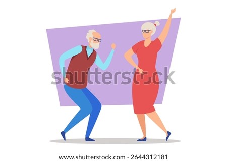 Elderly couple engaged in lively dancing, showcasing their carefree spirit. Woman wearing bright red dress while man dressed in sweater vest