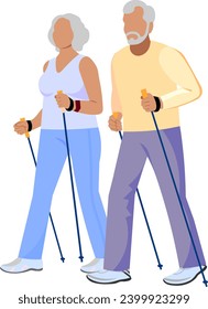 An elderly couple is engaged in Nordic walking In the hands of an elderly man and woman, sticks are an obligatory attribute of race walking Elderly people take care of their health Vector