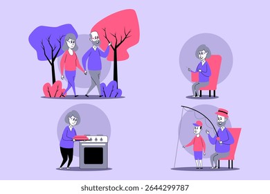 Elderly couple engaged in various activities, including walking in park, cooking at home, enjoying quiet time, and fishing with their grandchild