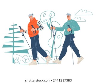 Elderly couple engaging in Nordic walking, low-impact sport and fitness activity for seniors. Elderly people doing sports training outdoors, flat vector illustration isolated on white background.