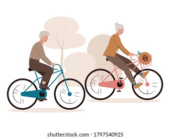 Elderly Couple Enjoying Cycling. Smiling Grandfather And Grandmother Riding Bicycle In The Park. Walking, Sports, Traveling. Active Healthy Lifestyle. Isolated Vector Illustration