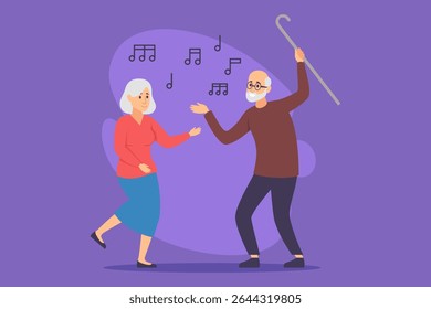 Elderly couple enjoying lively dance together, smiling and moving energetically. Music notes hovering around them, creating joyful atmosphere as they celebrating their bond