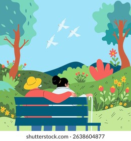 Elderly couple enjoying a peaceful spring afternoon on a park bench surrounded by nature