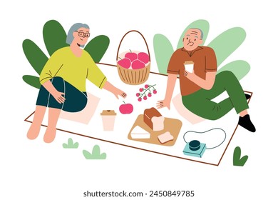 Elderly couple enjoying picnic, mature man and woman eating on blanket in park, summer activity for senior family, having lunch outdoors, vector illustrations of flat characters, fruit in basket