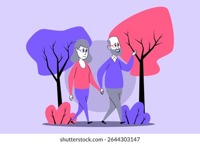 Elderly couple enjoying stroll while holding hands amidst vibrant trees in animated park. Man pointing to something, sharing light moment with his companion