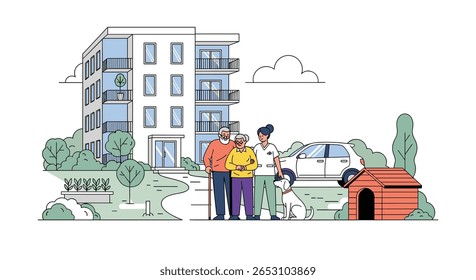 Elderly Couple Enjoying Their New Apartment Building with Their Friendly Dog Outside on a Sunny Day
