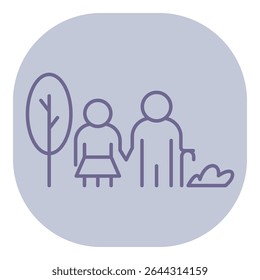 Elderly couple enjoying walk in park, holding hands while surrounded by trees and shrubs. People sharing moment of companionship in tranquil outdoor setting