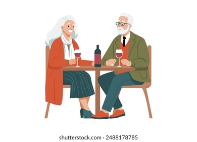 Pareja de ancianos disfrutando de vino en un restaurante